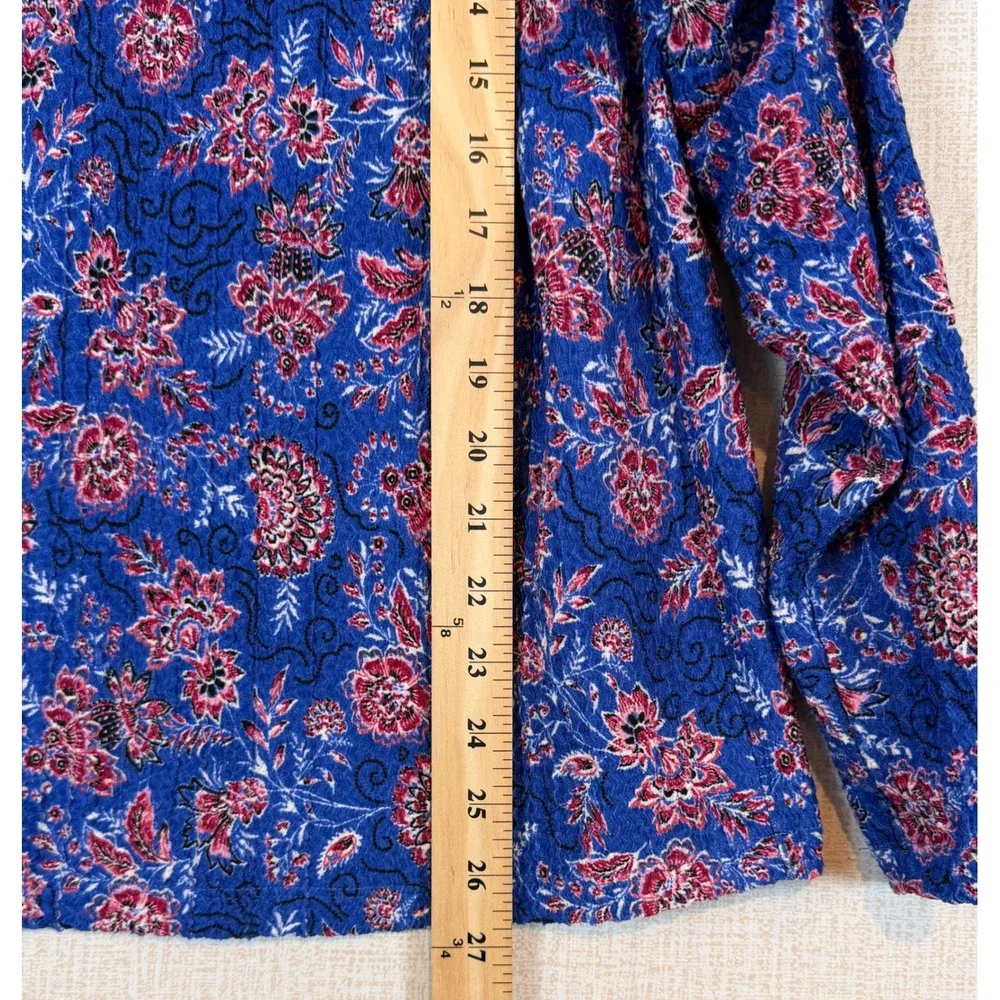 LOFT Women Blue Floral V-Neck Puff Ruched Sleeve Crinkle Blouse Top •L• Romantic